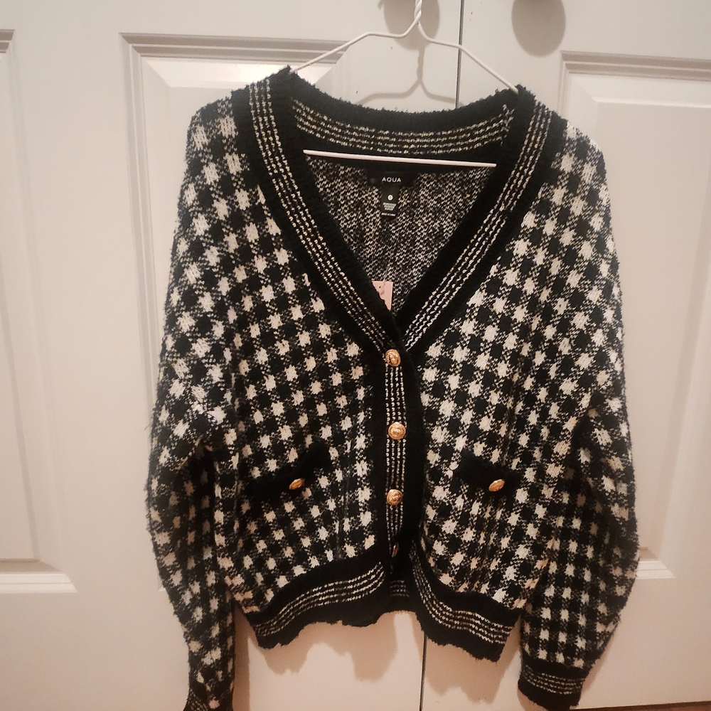 Aqua Black and White Houndstooth Cardigan with Gold Buttons